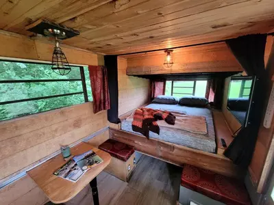 an overhead view of a bedroom in a tiny house at Cozy Tiny House on Working Farm, for Fun Glamping Trips in Kentucky in Owenton