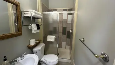 a bathroom with a shower and a toilet and a sink at Stone Gables Inn in Cleveland