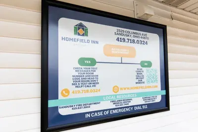 a framed poster of the honeyfield inn in case of emergency bill at HomeField Inn in Sandusky