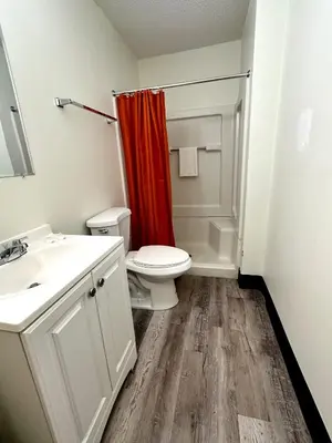 a bathroom with a toilet and a red shower curtain at Siegel Select Cincinnati Sharonville in Cincinnati