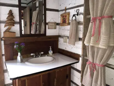 a bathroom with a sink and a mirror at Charming Cabin Rental with a Hot Tub near Cedar Point and Lake Erie in Ohio in Bellevue
