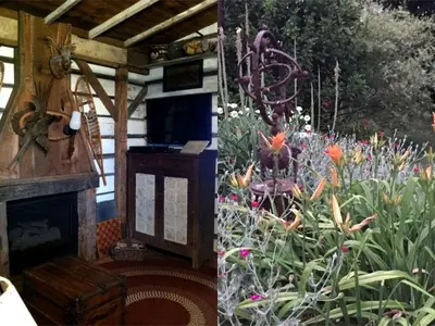 two pictures of a garden with flowers and a fireplace at Charming Cabin Rental with a Hot Tub near Cedar Point and Lake Erie in Ohio in Bellevue