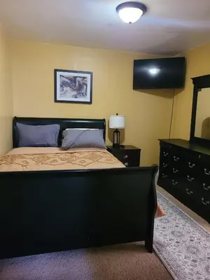 a bedroom with a black bed and a dresser at Charming Escape Haven in Lexington