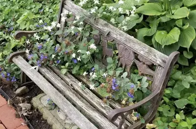 a wooden bench with flowers on it at Lambs Landing Huron Family Vacation Home in Huron