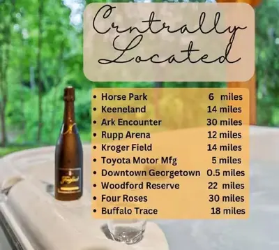 a bottle of wine sitting on a table with a sign at The Luxe Hot Tub Playground 12 Min to Horse Park in Georgetown