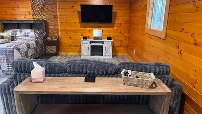a living room with blue couches and a television at Hot tub - Near the Gorge and Cave Run in Wellington