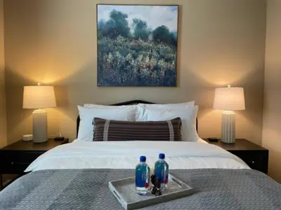 two bottles on a tray on a bed with two lamps at The Hilliard Executive No Steps Luxury Beds in Dublin
