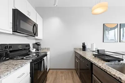 a kitchen with black appliances and a counter top at Luxe Condo in Downtown Cleveland l 2 TV's l Parking in Cleveland