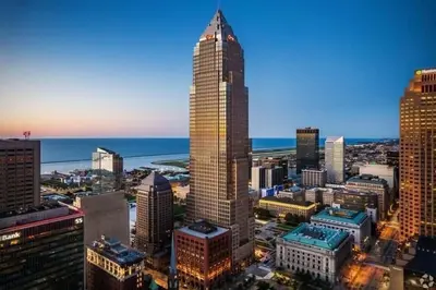 a view of a city skyline with a tall skyscraper at Lofts on 4th Penthouse, Sleeps 14, 2 units in Cleveland