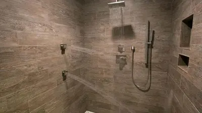a bathroom with a shower with a shower at Sweet Private Cabin with Jacuzzi and Fire Pit in Ohio in Sugarcreek