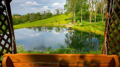 a view of a lake from a swing at Romantic Forest Cabin with Amazing Private Deck and Spa in Ohio in Sugarcreek