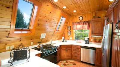 a kitchen with wooden cabinets and a stove in a cabin at Romantic Forest Cabin with Amazing Private Deck and Spa in Ohio in Sugarcreek