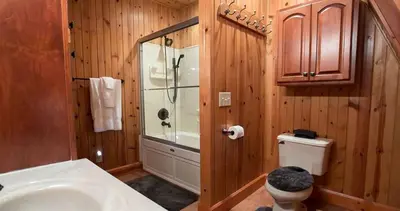 a bathroom with a shower and a toilet and a sink at Romantic Forest Cabin with Amazing Private Deck and Spa in Ohio in Sugarcreek
