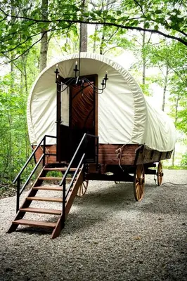 a wagon with a tent on the back of it at Luxury Conestoga Wagon, Perfect for a Weekend Glamping Escape from Dayton, Ohio