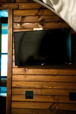 a television on a wooden dresser with a tvictericter at Ohio Glamping Destination in this Covered Wagon in Arcanum