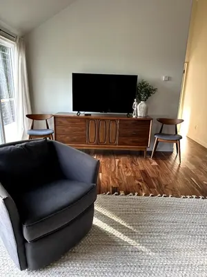 a living room with a television and two chairs at Scandanavian Cottage with a View in Canonsburg