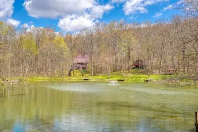 a pond in the middle of a park with trees at Wyandot Woods - Lake House in Laurelville