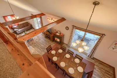 an overhead view of a dining room with a table and chairs at Wyandot Woods - Hillside in Laurelville