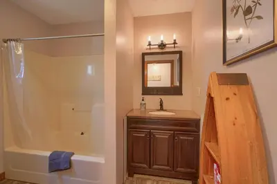 a bathroom with a sink and a shower and a mirror at Wyandot Woods - Hillside in Laurelville