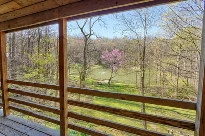 a window in a cabin with a view of a tree at Wyandot Woods - Hillside in Laurelville