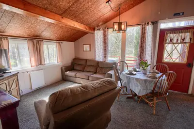a living room with a couch and a table at Wyandot Woods - Squirrels Nest in Laurelville