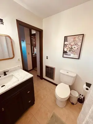 a bathroom with a white toilet and a sink at Paisley Garden House Near Kings Daughters Hospital in Ashland