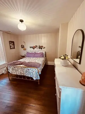 a bedroom with a bed and a vanity and a mirror at Paisley Garden House Near Kings Daughters Hospital in Ashland
