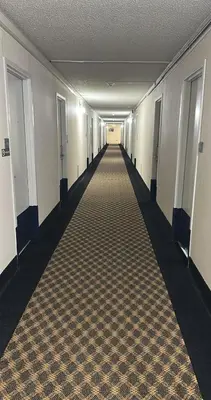 an empty hallway with a carpet in a building at Napoleon Inn and Suites in Napoleon