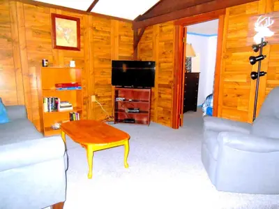 a living room with a couch and a table and a tv at Rustic Cabin Rental near Akron, Ohio in Dellroy
