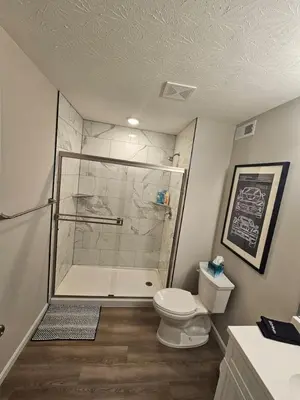 a bathroom with a shower and a toilet at Vroooom . . . . the ROAD is calling. . . . in Trenton