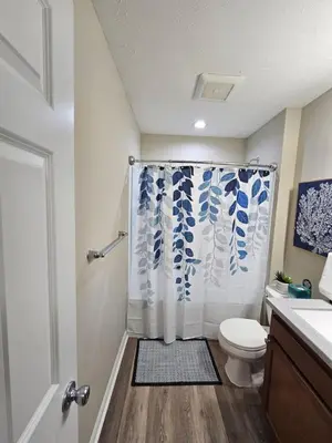 a bathroom with a toilet and a shower curtain at Cozy Charming Cottage-Style Home in Hamilton