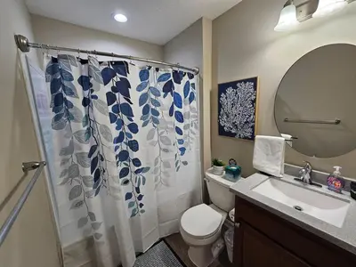 a bathroom with a toilet and a shower curtain at Cozy Charming Cottage-Style Home in Hamilton