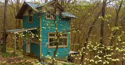 a blue house in the middle of the woods at Rustic Off-Grid Cabin Getaway near Wayne National Forest, Ohio in Athens