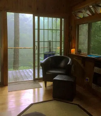 a living room with a chair and a window at Rustic Off-Grid Cabin Getaway near Wayne National Forest, Ohio in Athens