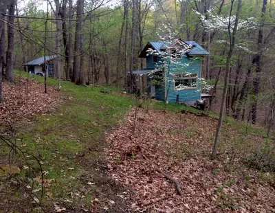 a blue house in the middle of the woods at Rustic Off-Grid Cabin Getaway near Wayne National Forest, Ohio in Athens