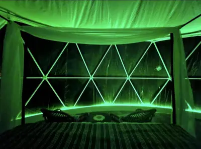 a green bedroom with a bed with green lighting at Bunny Bungalow Romantic Getaway in a Spacious Geodome in New Straitsville