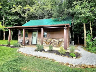 a small cabin with a green roof at Deer Haven Cabin in New Straitsville