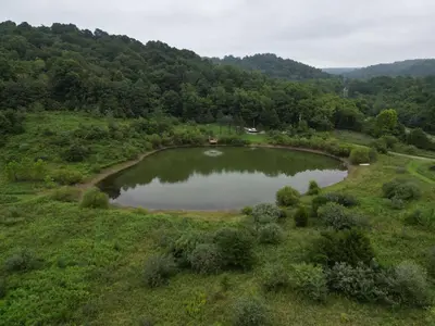 an aerial view of a pond in a field at Deer Haven Cabin in New Straitsville