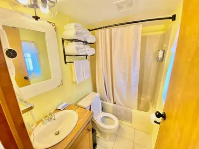 a bathroom with a toilet and a sink and a shower at 2 Bedroom Logan Ohio Hot Tub in Logan