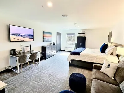 a bedroom with a bed and a couch and a tv at The 419 Ten-Room Boutique in Sandusky in Sandusky