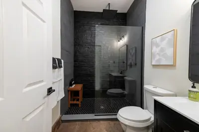 a bathroom with a shower with a toilet and a sink at Modern Loft-Style Retreat Near Blenko Glass in Milton, WV in Hurricane