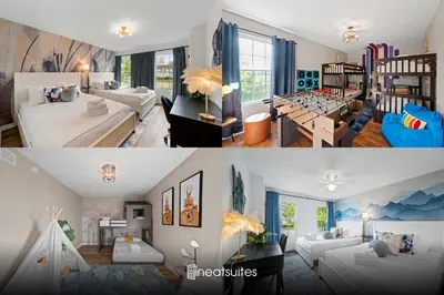 two pictures of a bedroom and a living room at 4 apartments 10 bedrooms - 2 and a half Miles from Ark in Williamstown