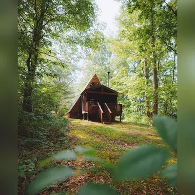a cabin in the middle of a forest at A-Frame #18 - by The Chalets in Logan