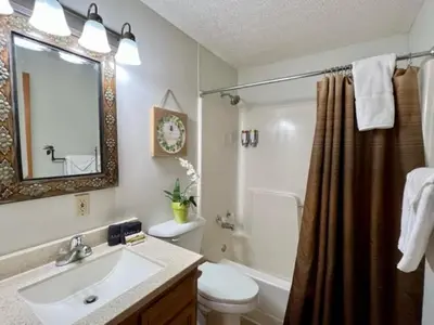a bathroom with a sink and a toilet and a mirror at Alpine - by The Chalets in Logan
