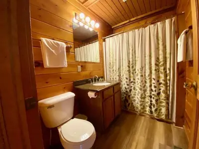 a bathroom with a toilet and a sink in a cabin at Blackjack - by The Chalets in Logan
