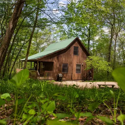 a wooden cabin with a green roof in the woods at Couples Paradise I - by The Chalets in Logan