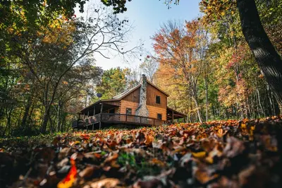 a house in the woods with leaves in front of it at Dogwood - by The Chalets in Logan