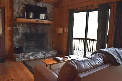 a living room with a couch and a fireplace at Elk - by The Chalets in South Bloomingville