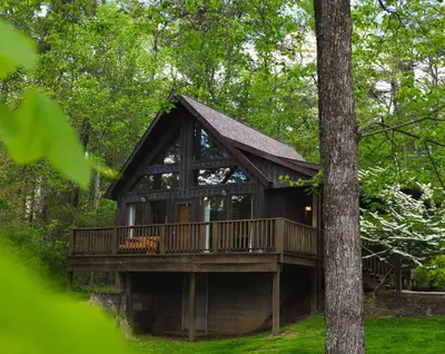 a log cabin in the woods with a tree at Laurelwood - by The Chalets in Logan