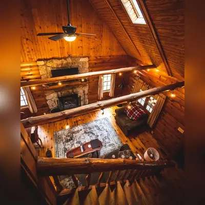 an overhead view of a room in a log cabin at Pine Creek - by The Chalets in South Bloomingville